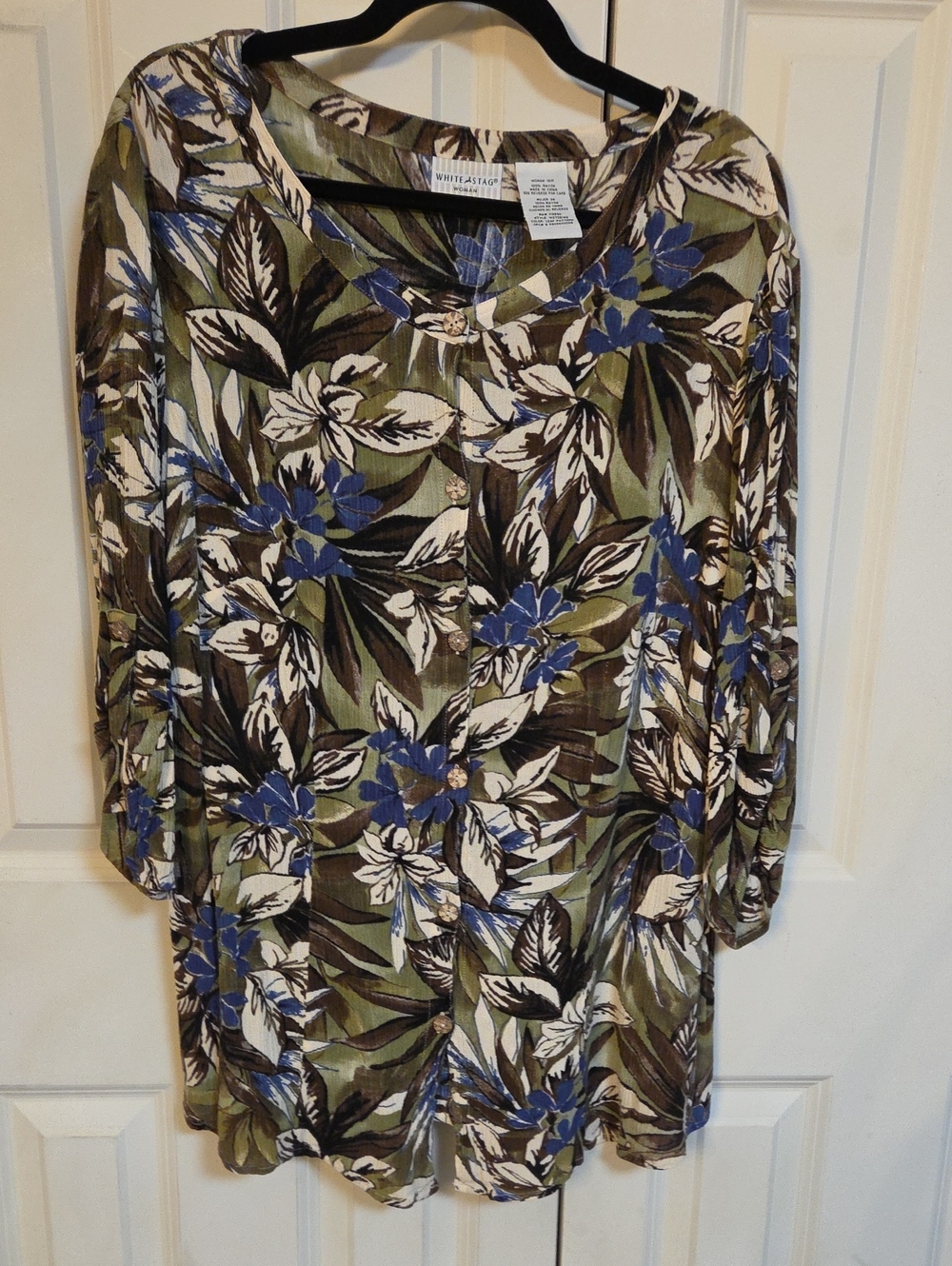 White Stag Olive Green and Blue Floral Long-Sleeve Button Tunic Top